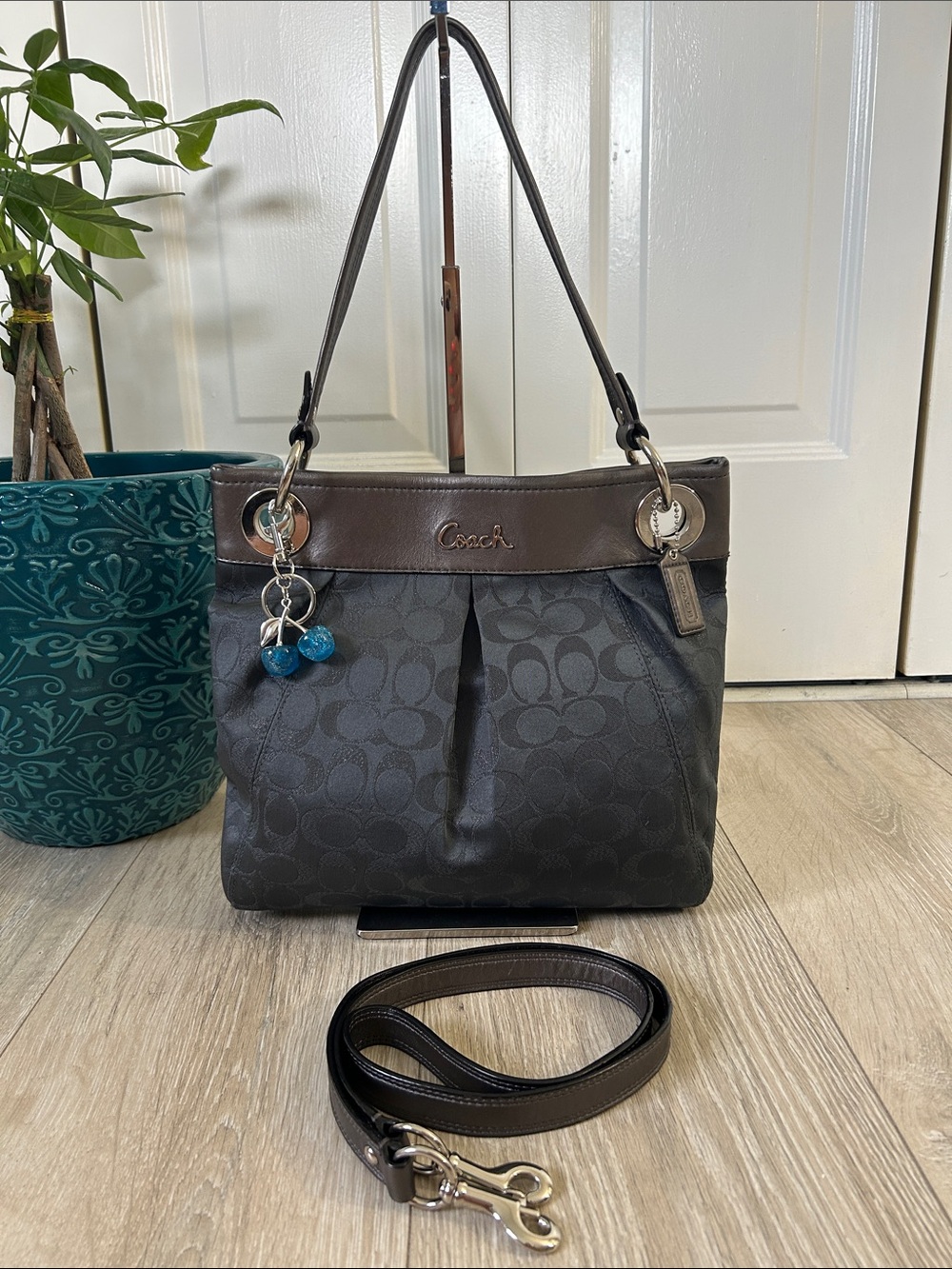 Coach Vintage Signature Canvas Shoulder Bag with  Leather Trim